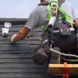 Roofer repairing asphalt shingles on a residential roof while secured with safety harness, highlighting roof repair work and proper installation practices.